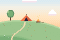 Pixelbild: Zelt und Lagerfeuer auf einer Wiese mit Baum.